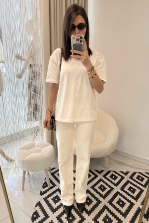 Dekoratif Dikişli Bisiklet Yaka T-shirt ekru