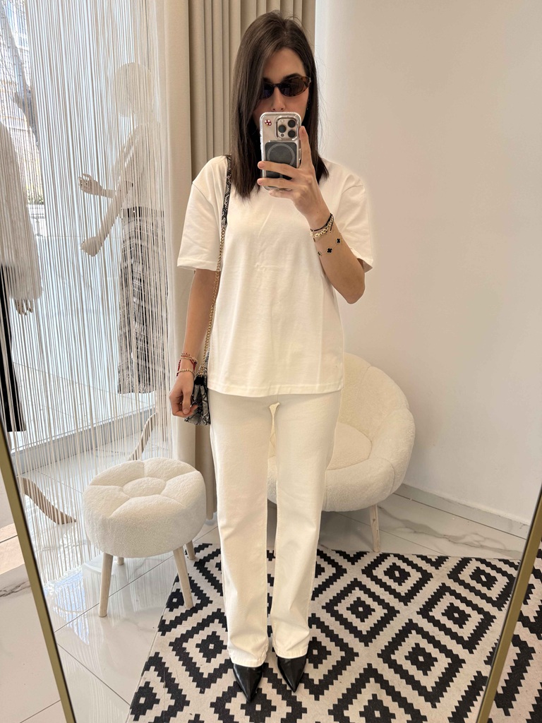 Dekoratif Dikişli Bisiklet Yaka T-shirt ekru