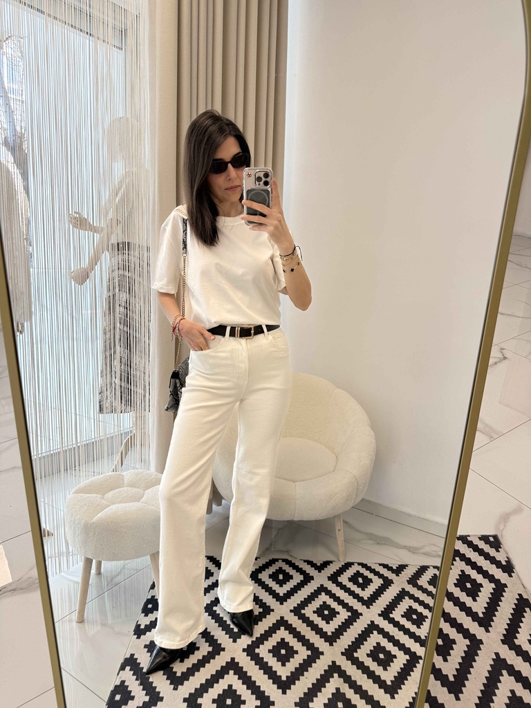 Dekoratif Dikişli Bisiklet Yaka T-shirt ekru - Görsel 2