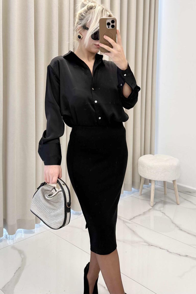 Siyah Midi Boy Basic Etek Siyah