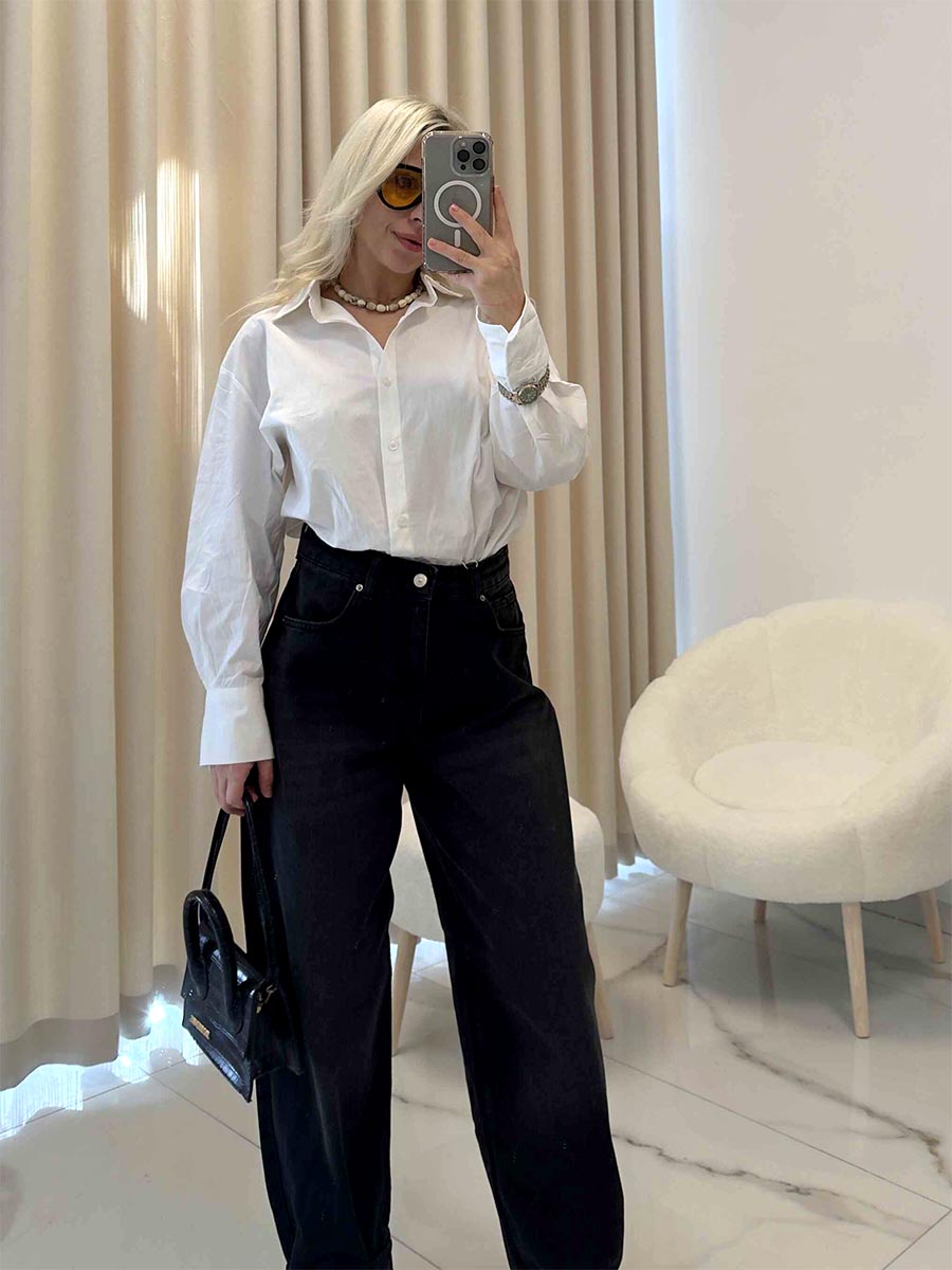 Arkası Kuşaklı Balon Jean Füme Taşlamalı