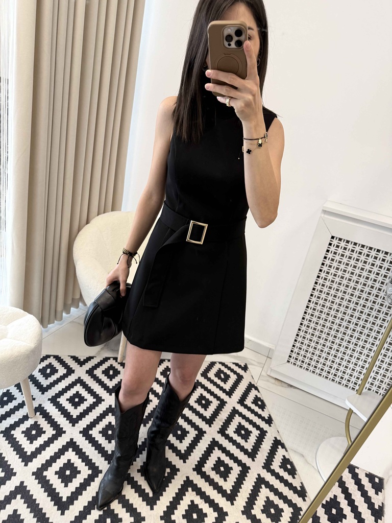 Kemerli Mini Elbise Siyah