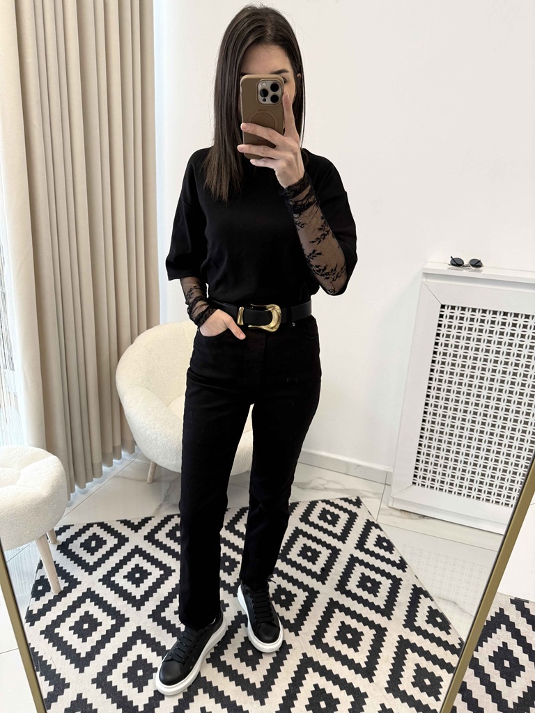Kesik Paça Boyfit Jean Siyah