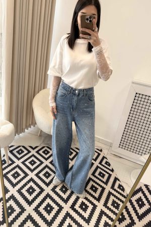 Taşlı Mom Jean Mavi