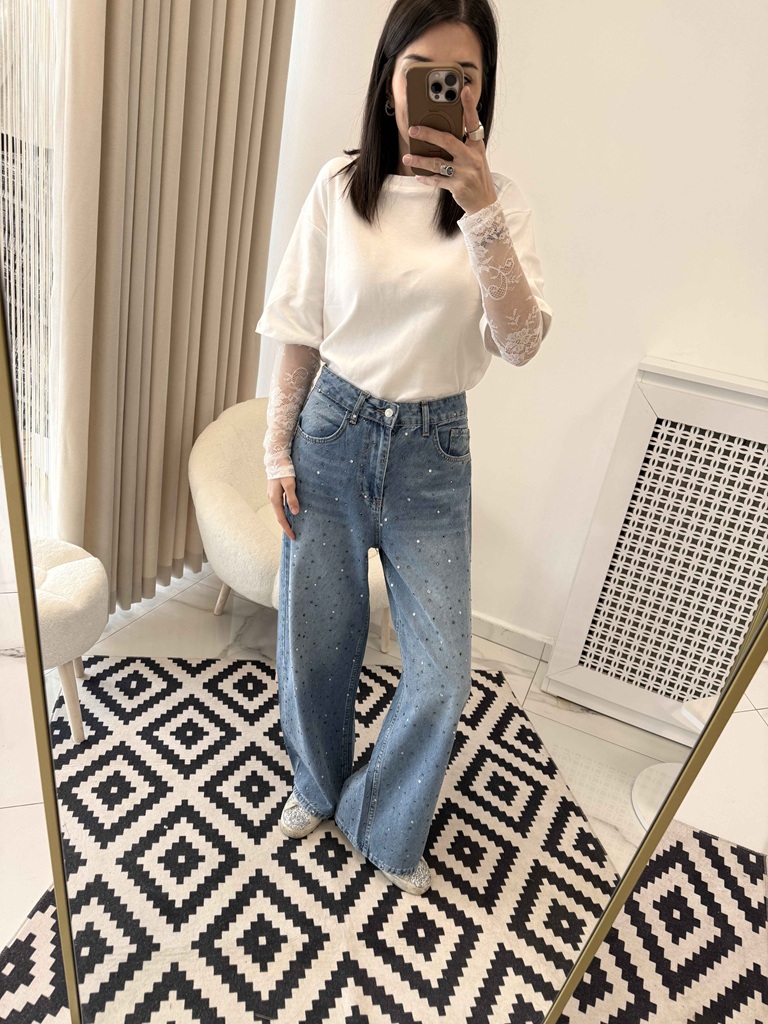 Taşlı Mom Jean Mavi