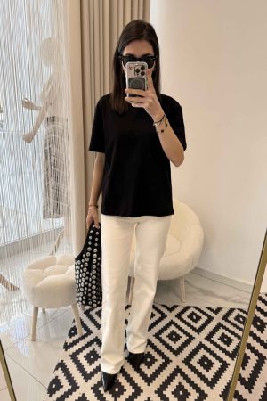 Dekoratif Dikişli Bisiklet Yaka T-shirt Siyah