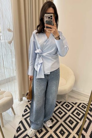 Kruvaze Kuşak Bağlamalı Tasarım Gömlek Açık Mavi