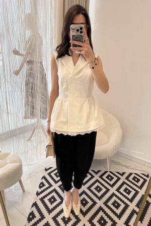 Dantel Detaylı Çan Model Yelek Beyaz