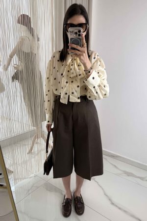 Sarı Büyük Puantiyeli Yaka Bağlamalı Bluz