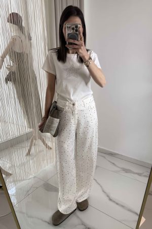 Taşlı Mom Jean Beyaz