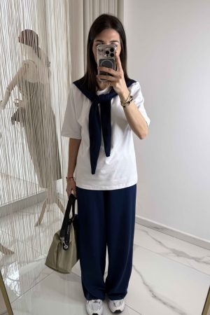 Yakadan Bağlamalı Şal Detaylı Takım Lacivert