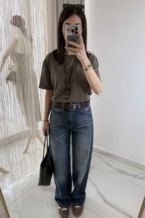 Dekoratif Dİkişli Tok Dokulu Bisiklet Yaka T-shirt Haki