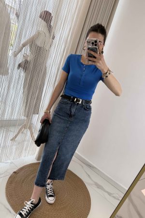 Çıt Çıt Düğmeli Kısa Kollu T-Shirt  Saks mavisi