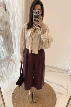 Şal Yaka Bağlamalı Balon Kol Bluz Bej