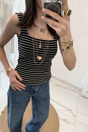 Askılı Çizgili Atlet Siyah