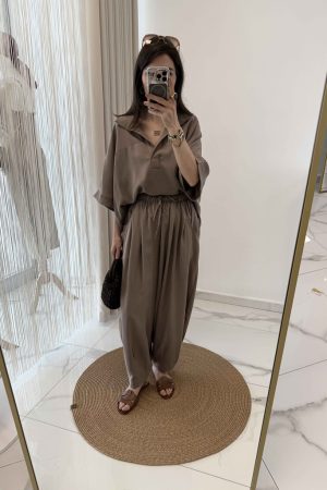 Gömlek Yaka Kısa Kollu Şalvar Kesim Keten Takım