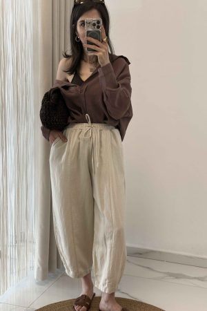 Şalvar Kesim Keten Pantolon Bej
