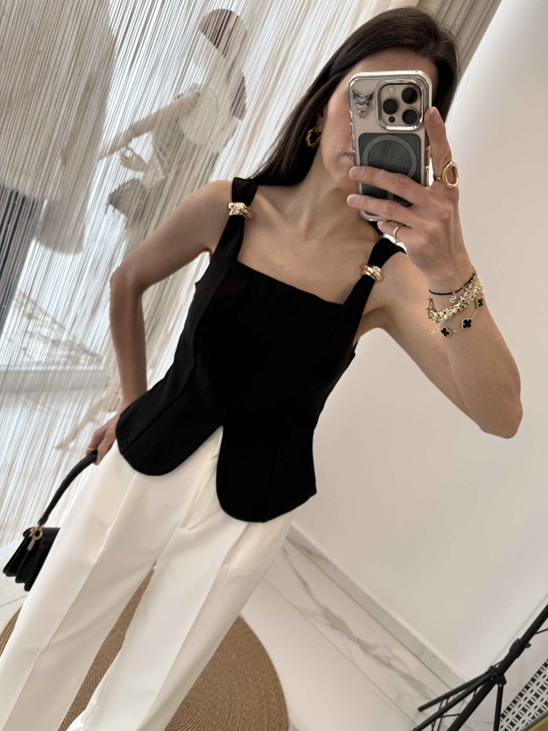 Gold Detaylı Korse Form Bluz Siyah
