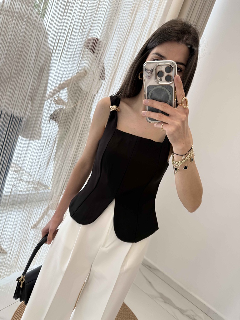 Gold Detaylı Korse Form Bluz Siyah - Görsel 4