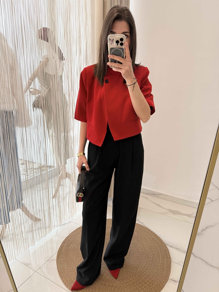 Dik Yaka Tek Düğmeli Crop Blazer Ceket Kırmızı - Görsel 5