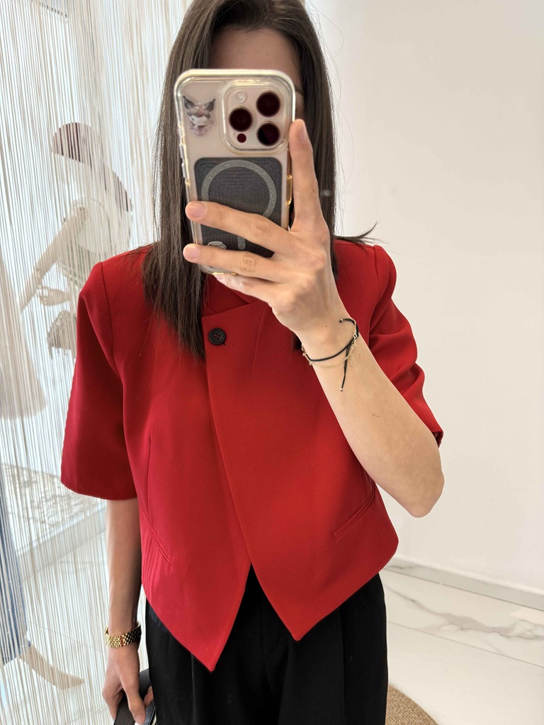 Dik Yaka Tek Düğmeli Crop Blazer Ceket Kırmızı - Görsel 4