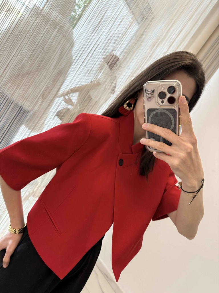 Dik Yaka Tek Düğmeli Crop Blazer Ceket Kırmızı - Görsel 3