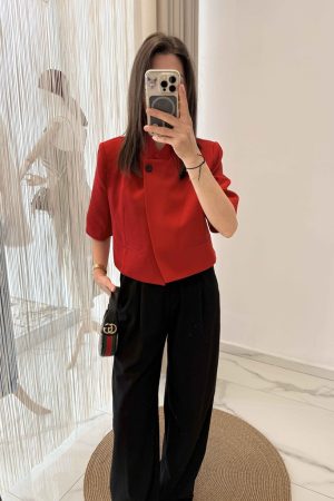 Dik Yaka Tek Düğmeli Crop Blazer Ceket Kırmızı