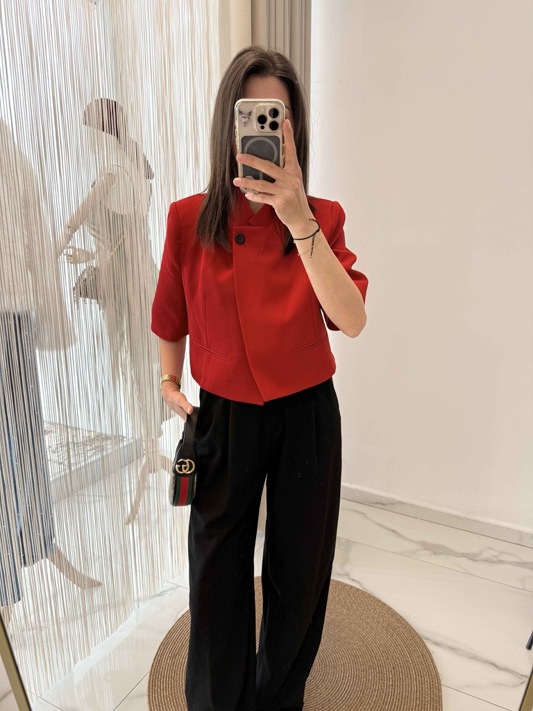 Dik Yaka Tek Düğmeli Crop Blazer Ceket Kırmızı