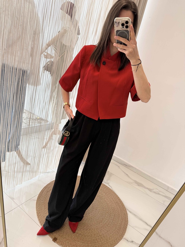 Dik Yaka Tek Düğmeli Crop Blazer Ceket Kırmızı - Görsel 2