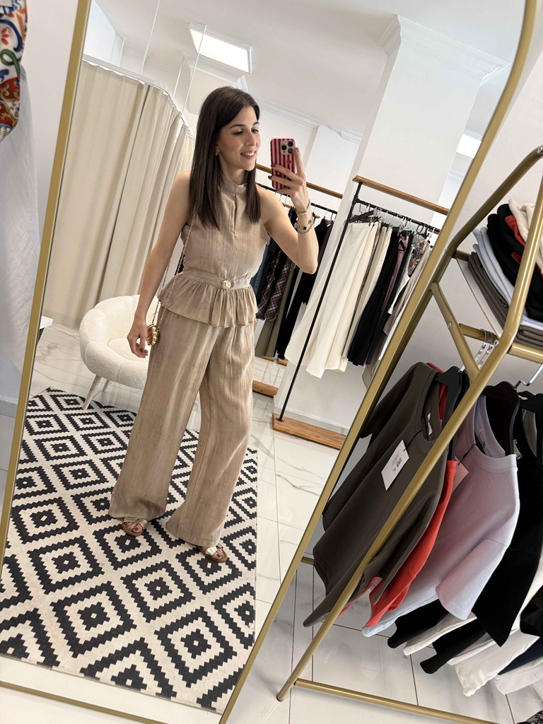 Gold Aksesuarlı Bluz-Pantolon Takım Camel - Görsel 4