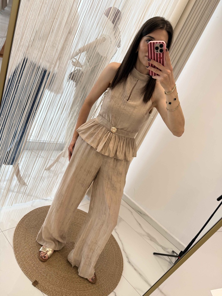 Gold Aksesuarlı Bluz-Pantolon Takım Camel - Görsel 3