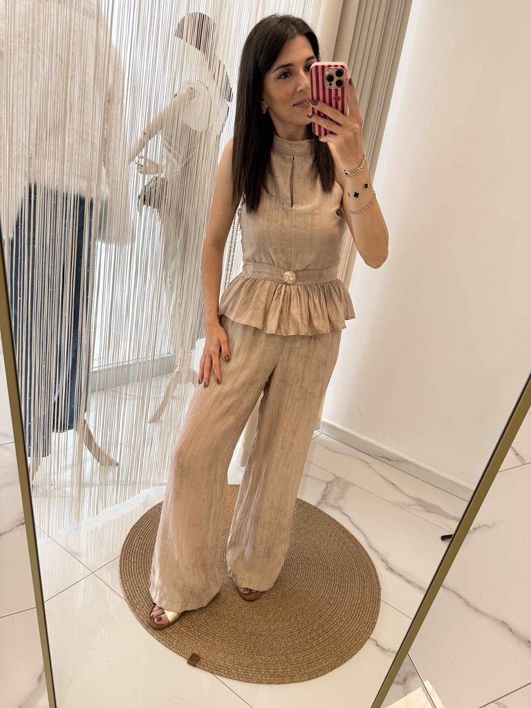 Gold Aksesuarlı Bluz-Pantolon Takım Camel - Görsel 2