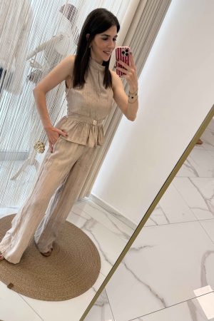 Gold Aksesuarlı Bluz-Pantolon Takım Camel