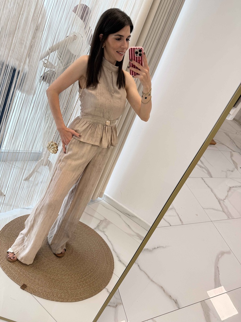 Gold Aksesuarlı Bluz-Pantolon Takım Camel