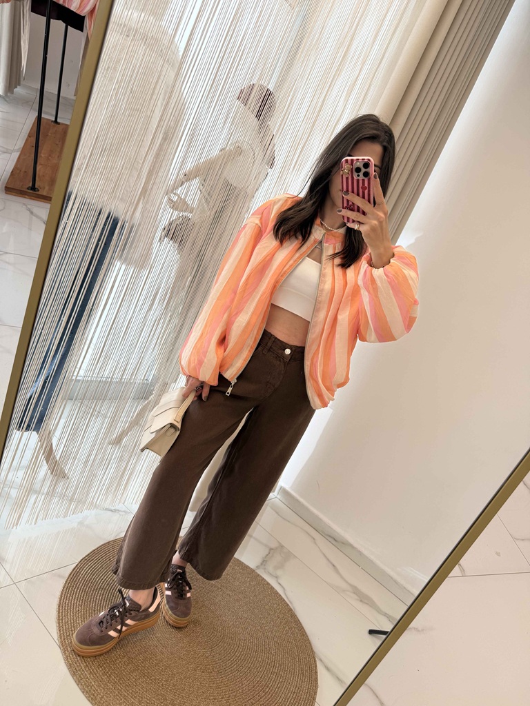 Turuncu-Pembe Çizgili Marka Model Bomber Ceket - Görsel 4