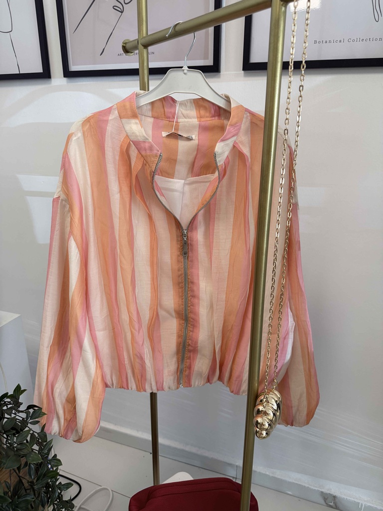Turuncu-Pembe Çizgili Marka Model Bomber Ceket - Görsel 5