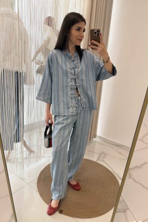 Japon Düğme Detaylı Çizgili Tensel Denim Takım