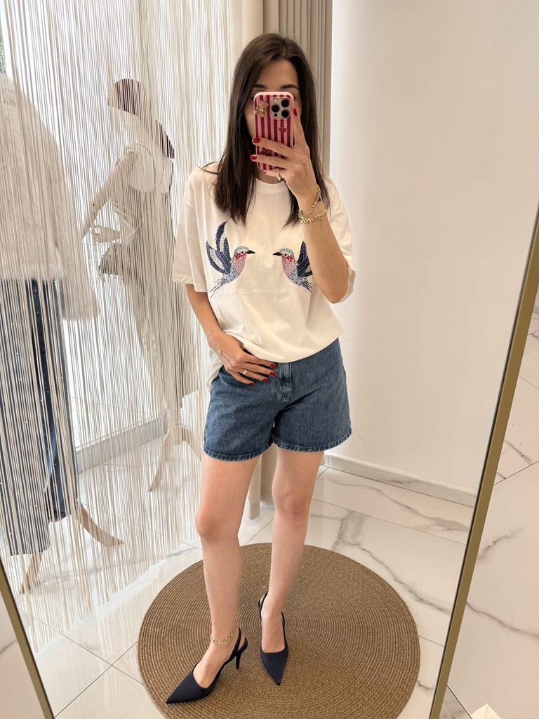 Kuş İşlemeli Boncuk Detaylı T-shirt - Görsel 3