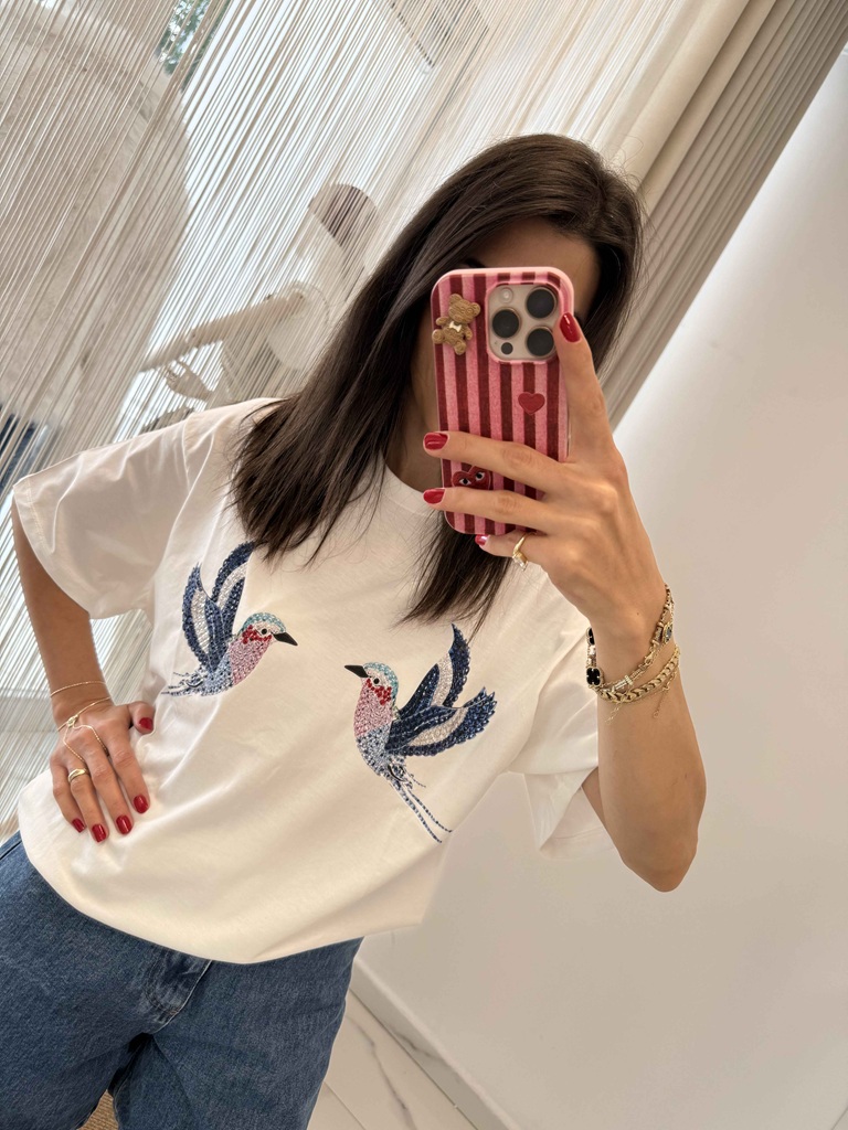 Kuş İşlemeli Boncuk Detaylı T-shirt - Görsel 2